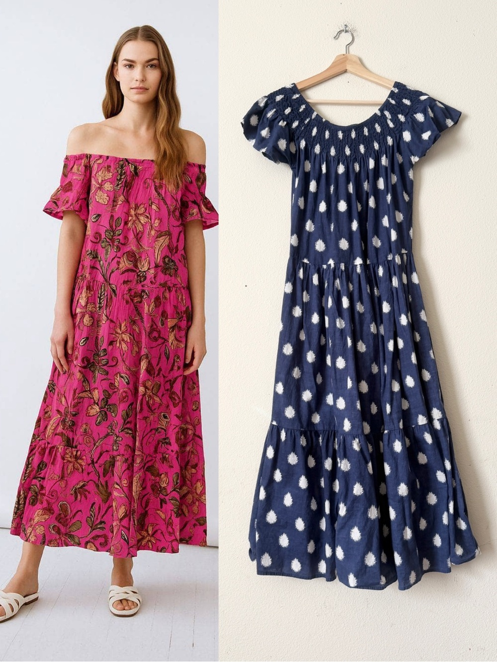Guadalupe SMALL Momposina blue and white dot print off the shoulder maxi dress